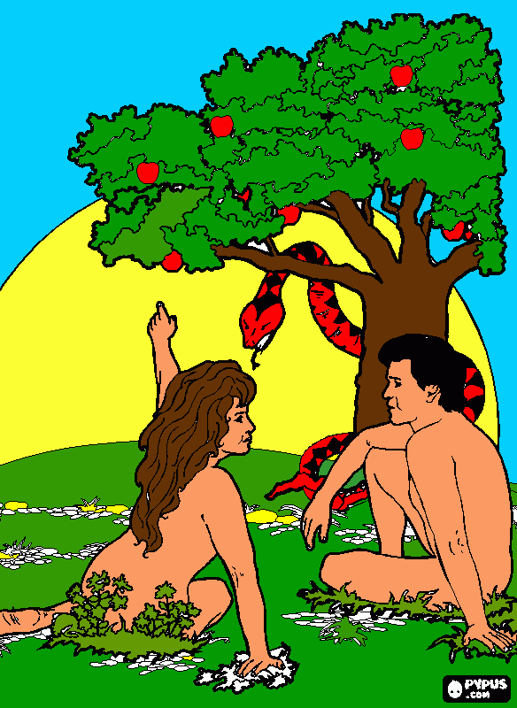 Adan y Eva en el paraiso tentados por la serpiente a comer una manzana para colorear