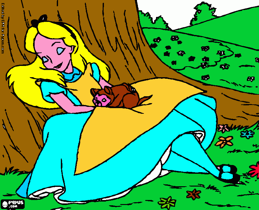 ALICIA DUERME YSUEÑA BAJO UN ARBOL para colorear