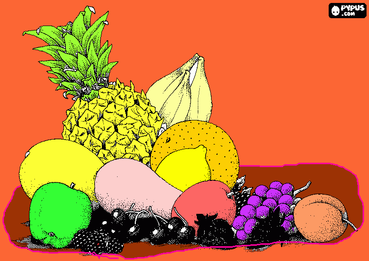 aqui haypiña, plátanos, melón, manzana, pera, limón, uva, cerezas, fresas, melocotón y frambuesas para colorear