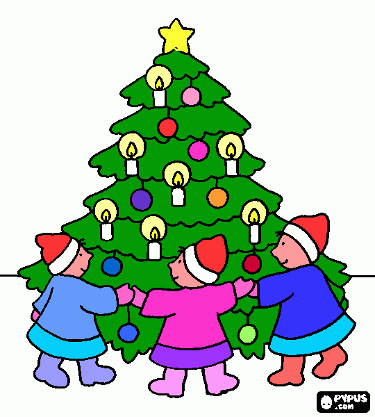 arbol de navidad iluminado con velas y niños  alrededor para colorear