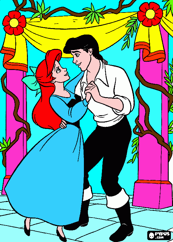 ariel bailando con enamorado principe eric para colorear