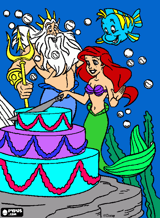 ariel cortando la tarta de cumpleaños junto a su padre para colorear