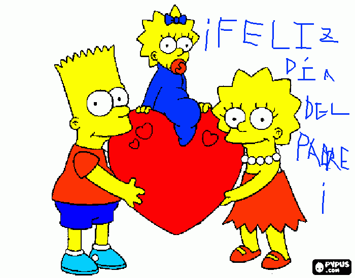 bart,lisa,maguie con un corazon para colorear