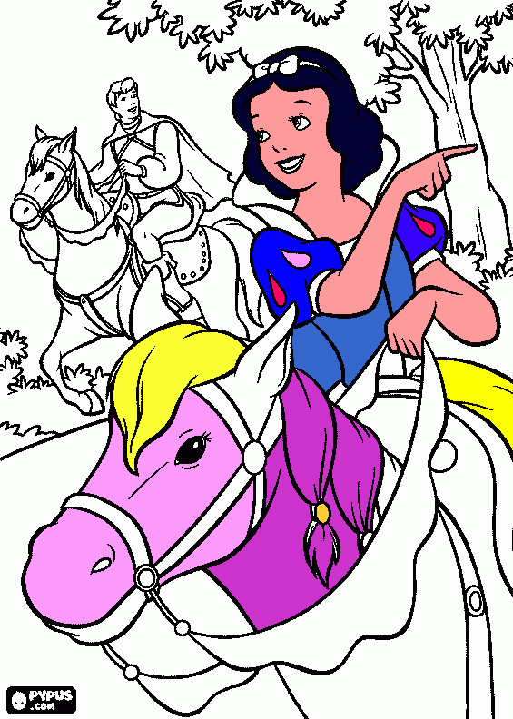 blancanieves cabalgando con el principe para colorear