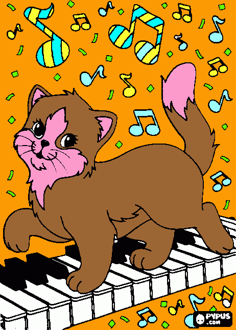 bonito,un gato tocando un piano  para colorear