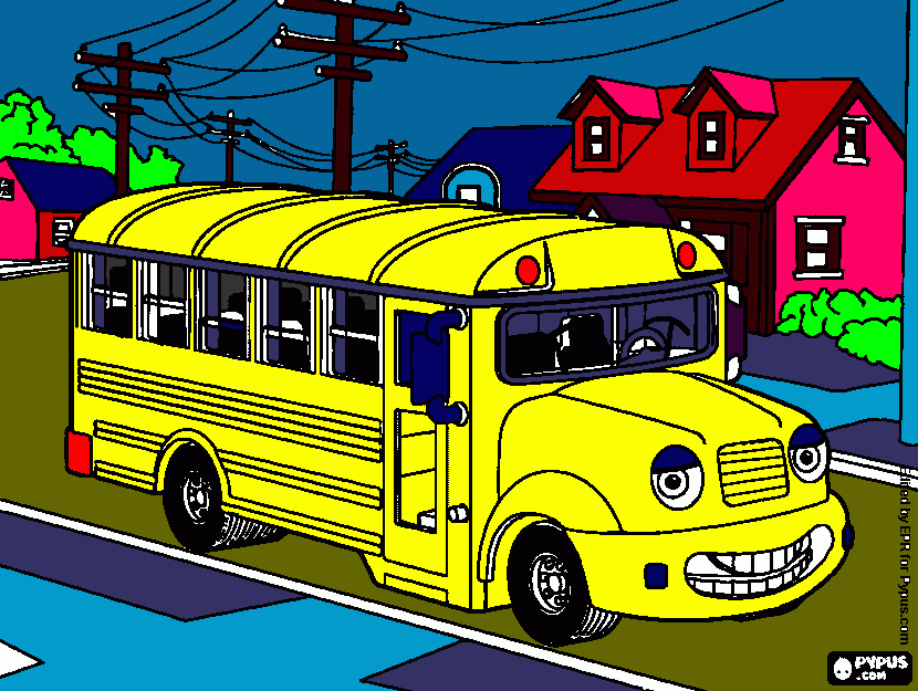 bus colegial en vecindario para colorear