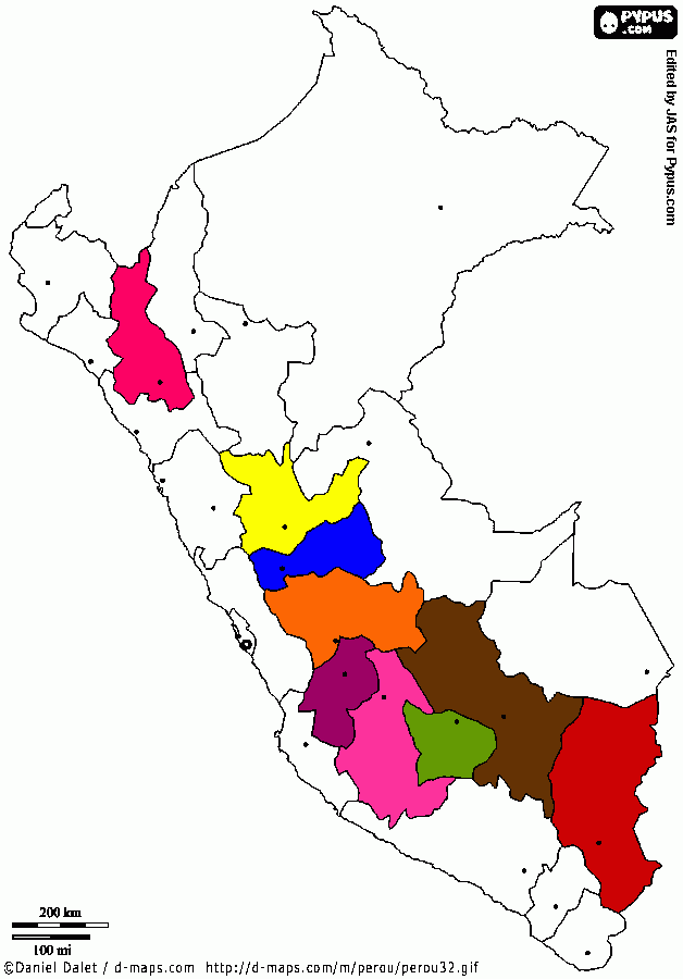 Cajamarca Fuccia,Huanuco Amarillo,Pasco Azul,Junin Naranja Huancabelica Morado Ayacucho Rosado Apuricmac Verde Cuzco Marron Puno Rojo para colorear