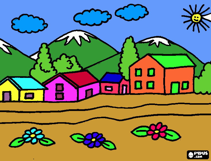 casas,flores y montañas para colorear