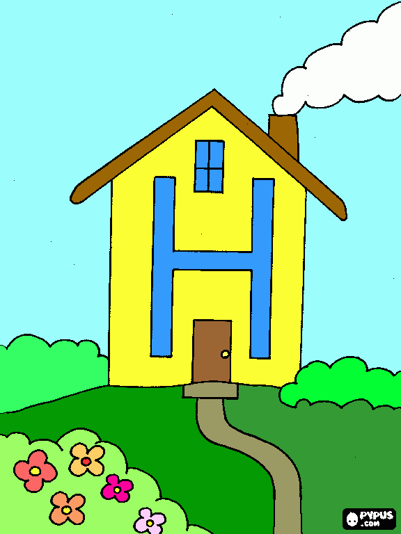 Casita con chimenea humeante. para colorear