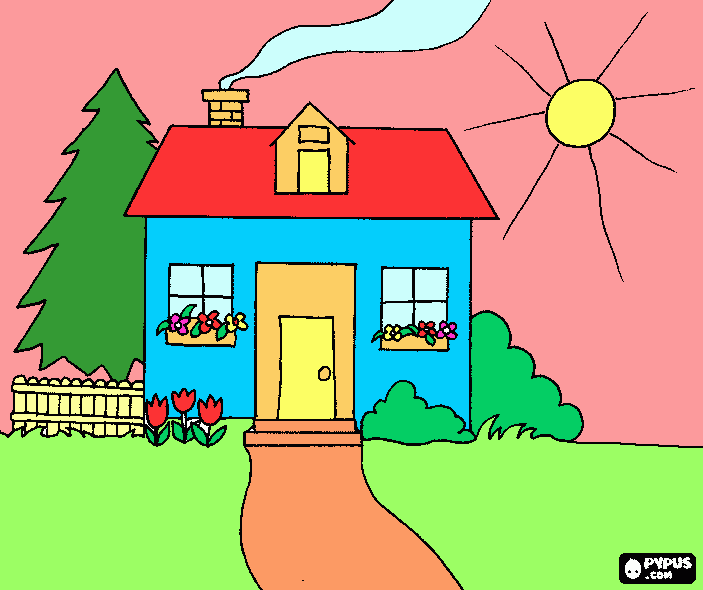 casita en primavera con flores en la ventana para colorear