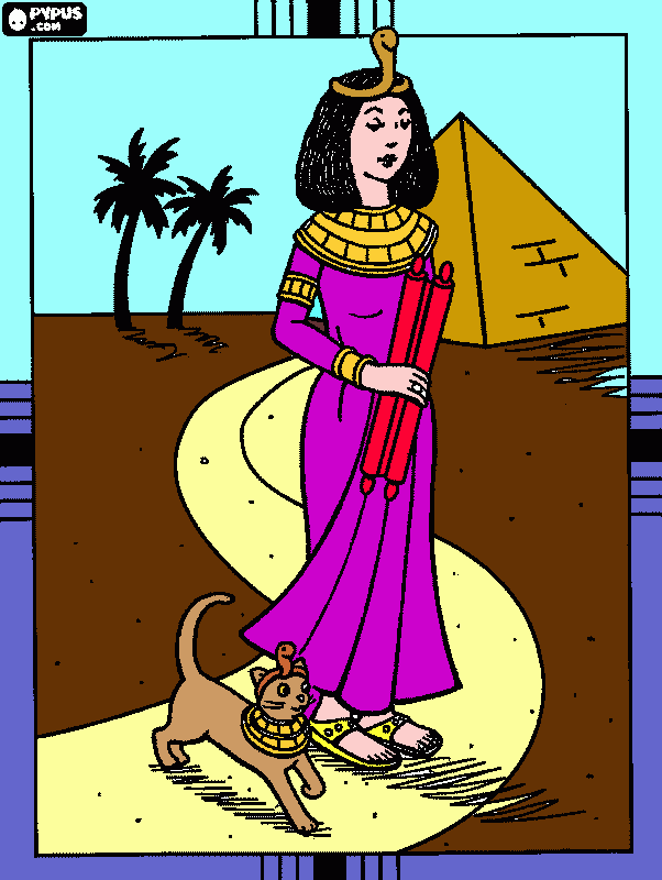 Colorear Cerca de una pirámide y unas palmeras Cleopatra paseando junto con su gata, representación de la diosa Bastet, con sus respectivos tocados en forma de serpiente o áspid para colorear