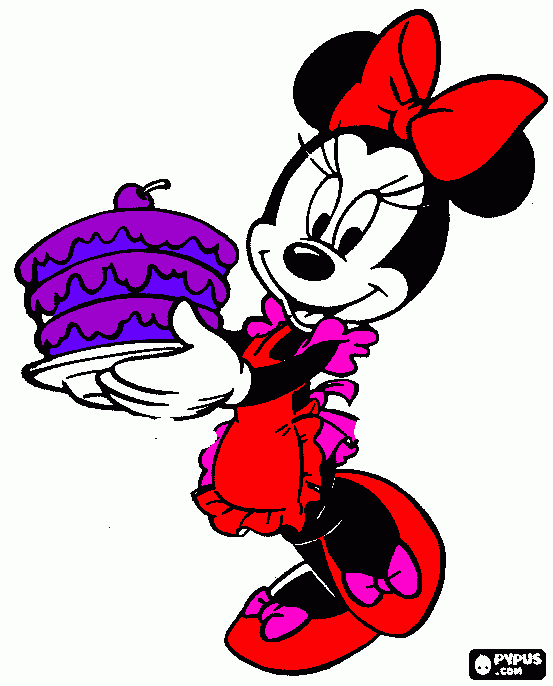 dibujo de minnie con torta para colorear