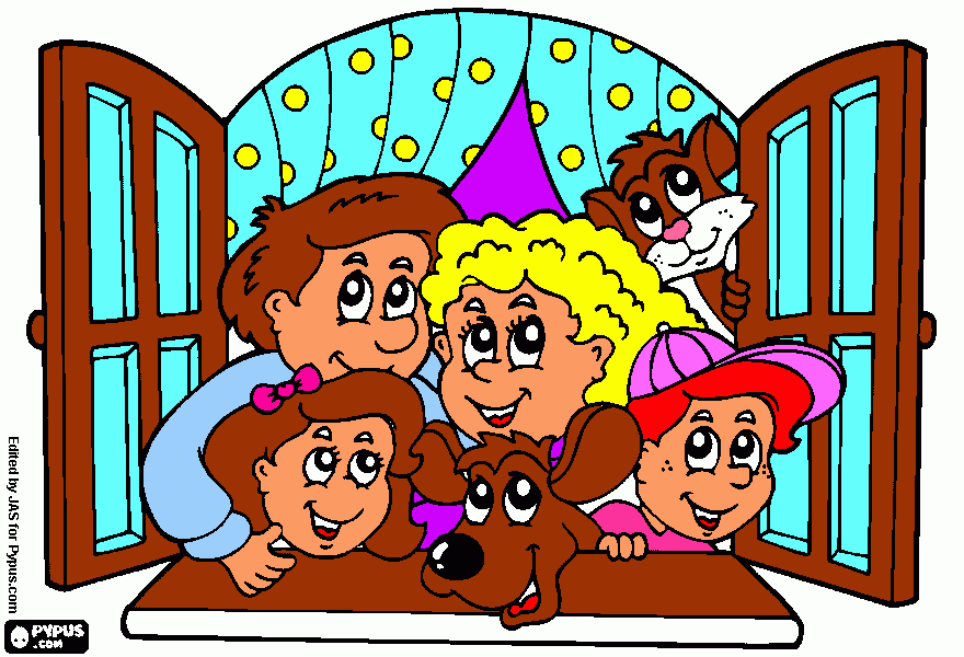 dibujos de la familia en la ventana para colorear