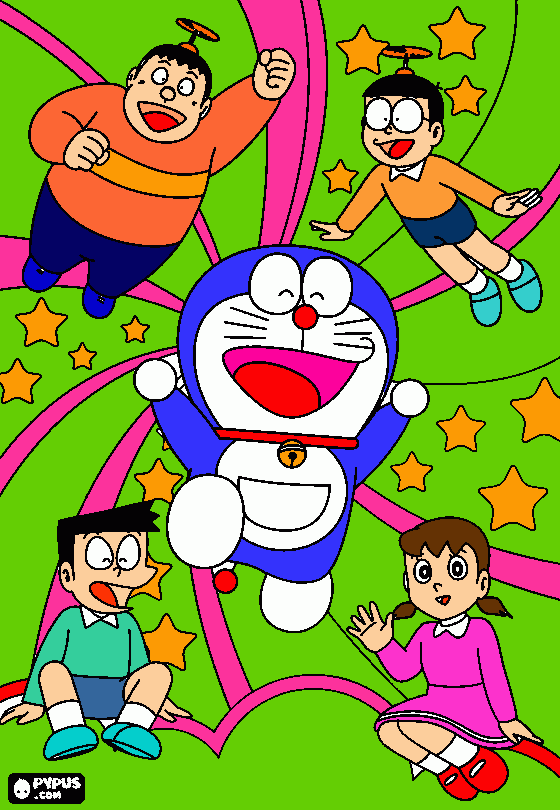 doraemon, nobita, shizuka,suneo y gigante, con confeti y estrellitas para colorear