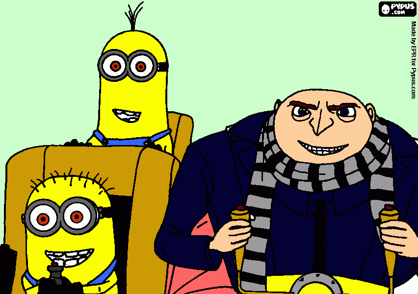 dos minions con gru en el auto de gru para colorear