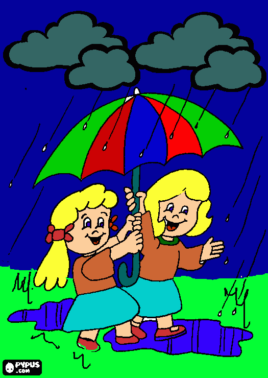 dos niñas bajo la lluvia para colorear