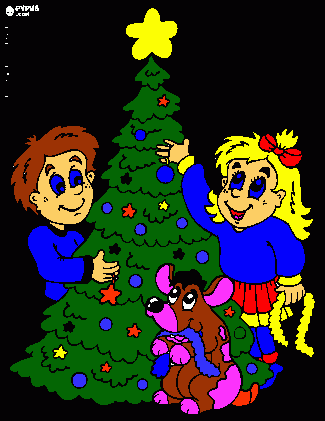 dos niños poniendo un arbol para colorear