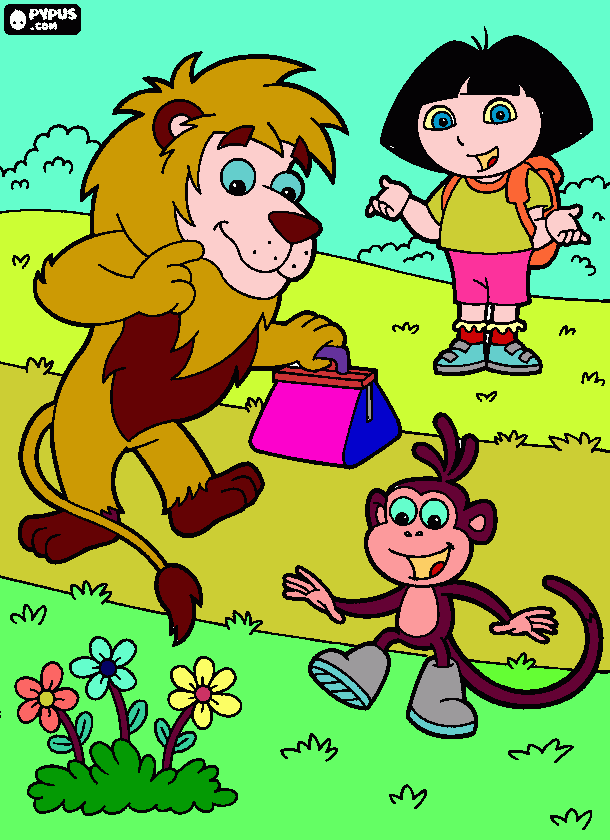 el león, chango marango, y dora para colorear