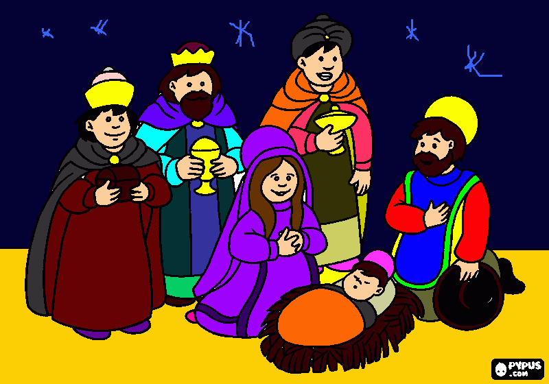 el niño Jesus,los tres reyes magos,Maria y su esposa para colorear