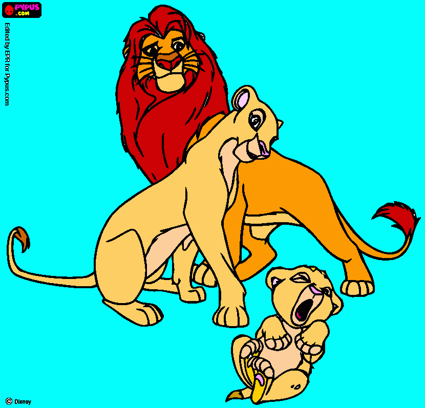 El rey Simba y la reina Nala con su hija Kiara. para colorear