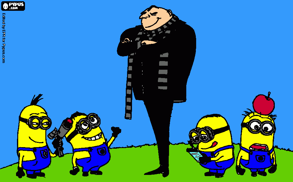 El villano Gru conlos minions armados con sus armas para colorear