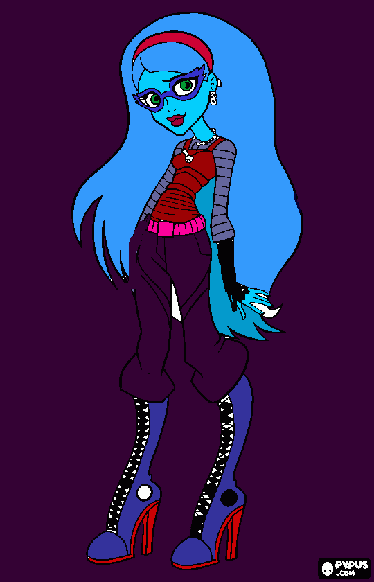 es alta ojos veeeerdes  usa lentes es muy flaca se llama ghoulia yelps y es de las monster hig espero respuestas eeeeeeeeeeeee para colorear