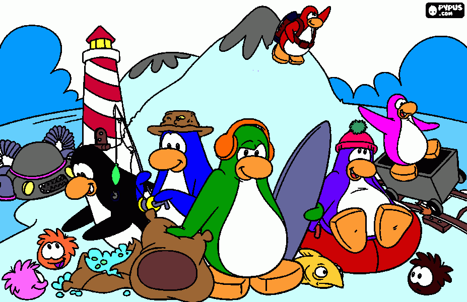 Es el paisaje de los pinguinos en club penguin con los juegos y puffles para colorear