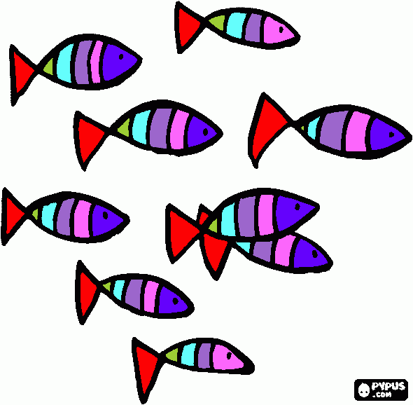 Es un dibujo de muchos peces pintados por mi para colorear