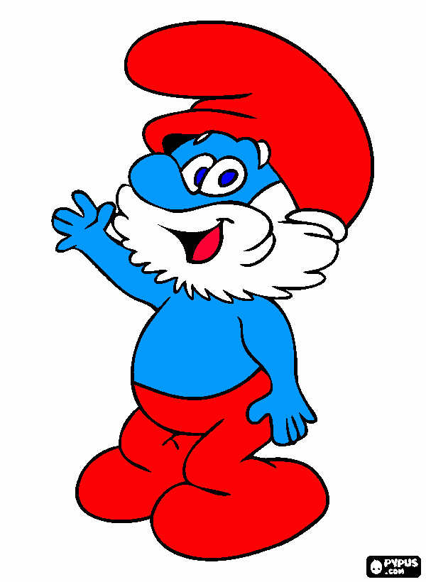 es un pitufo con piel azul ysu gorro y su pantalon es rojo para colorear