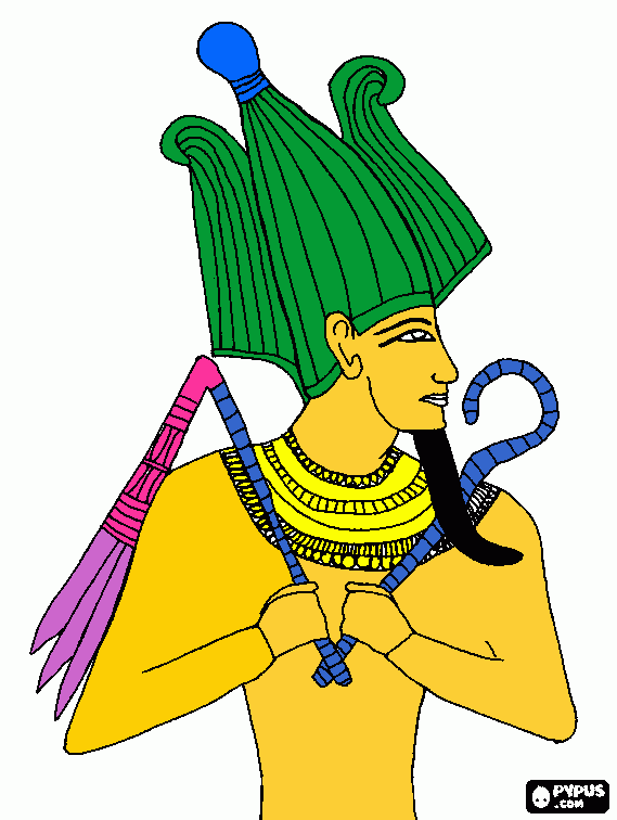 este dibujo muestra al faraon con su barba postiza y todos los simbolos del poder para colorear