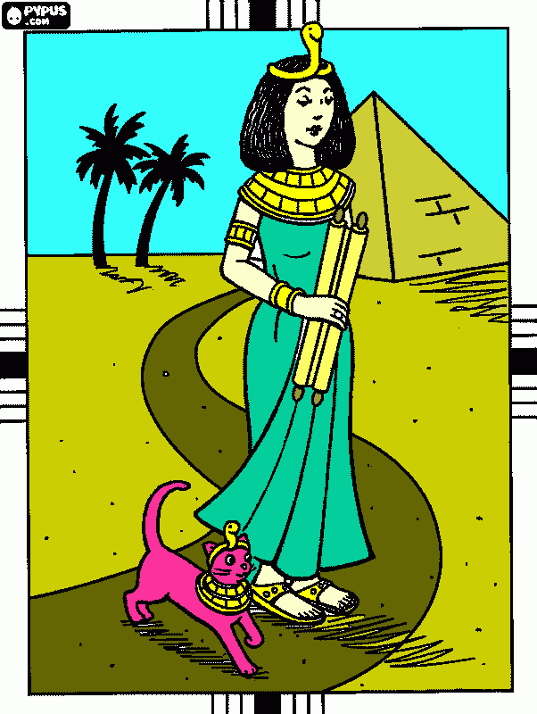 este dibujo representa a cleopatra con su gata paseando para colorear