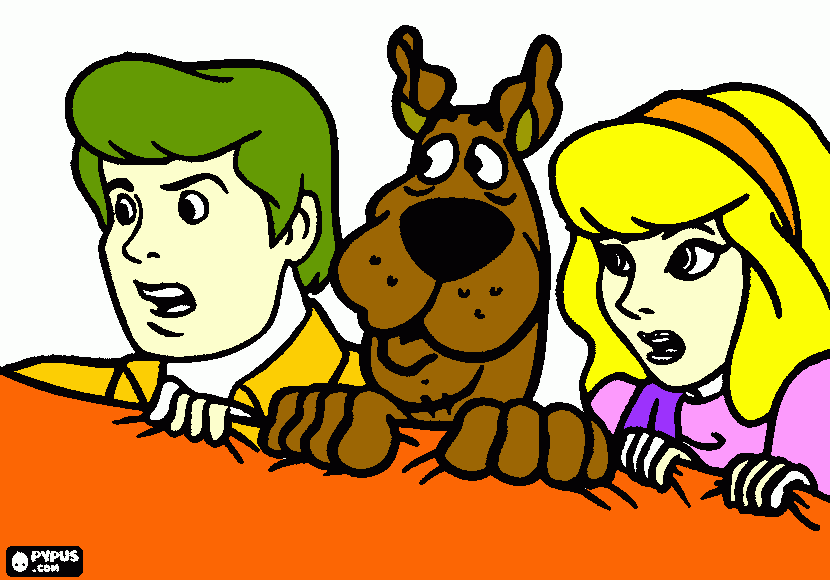 Freddy , Daphne y Scoby al lado de una cama. para colorear