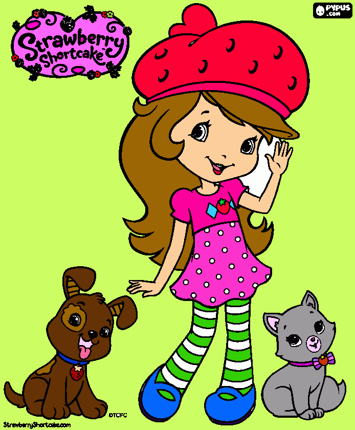 Frutillitas con el perrito y el gatito uno de cada lado para colorear