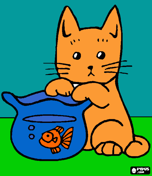 gatito jugando con una pecera para colorear