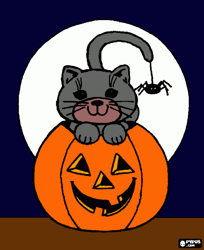 gatito saliendo de la calabaza para colorear