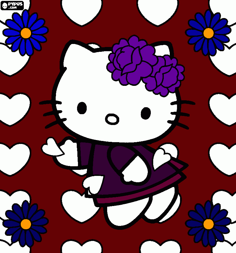 hello kitty con muchos corazones ycontorno rojo para colorear