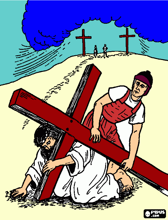 JESUS CON LA CRUZ HACIA EL MONTE para colorear