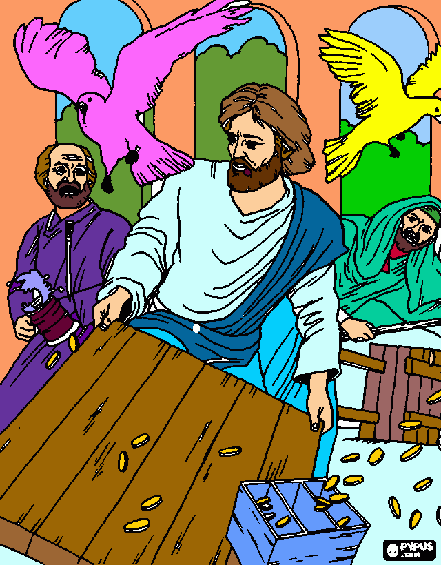 Jesus corre a los mercaderes del templo para colorear