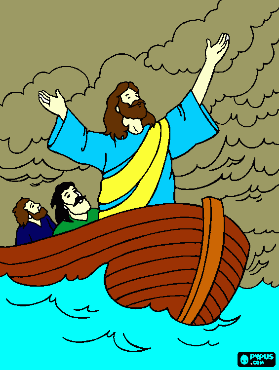 jesus y sus disipulos atravesando el mar de Galilea para colorear