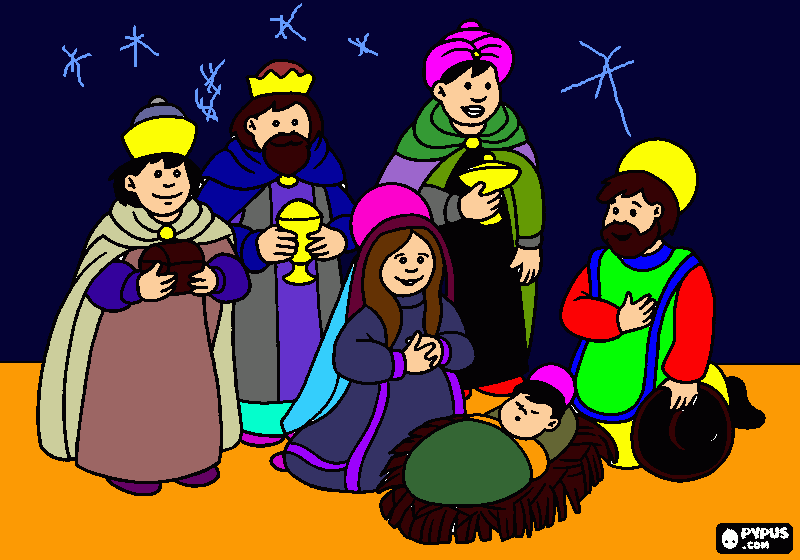 Jesus,los tres reyes magos,Maria y su esposo para colorear