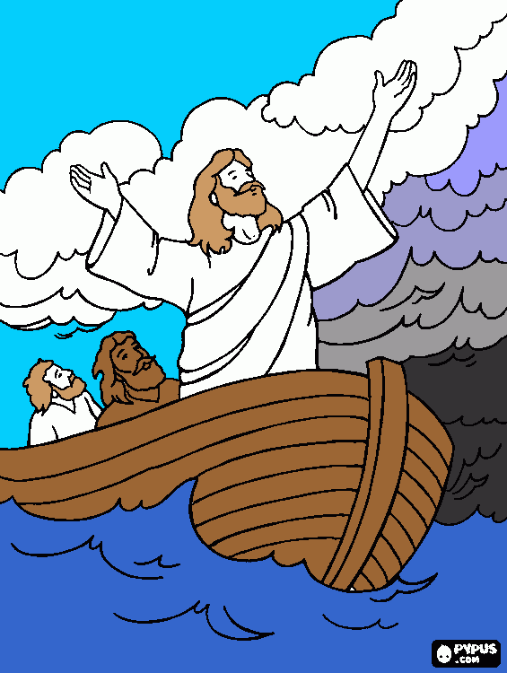 Jesús calma las aguas para colorear