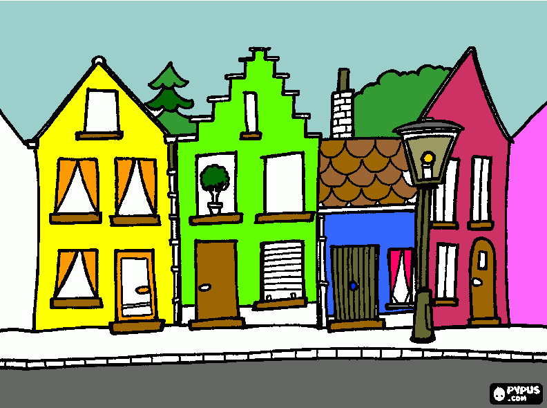 la calle de un pueblo o pequeña ciudad para colorear