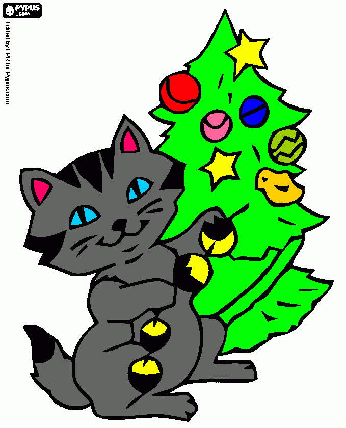 la descripcion:Gatito con un arbol de navidad. para colorear