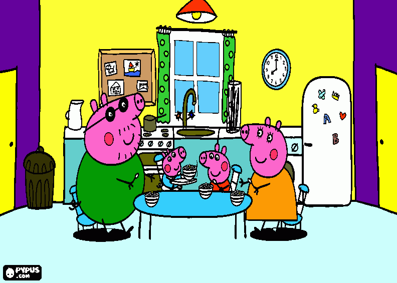 La familia pig esta desayunando para colorear