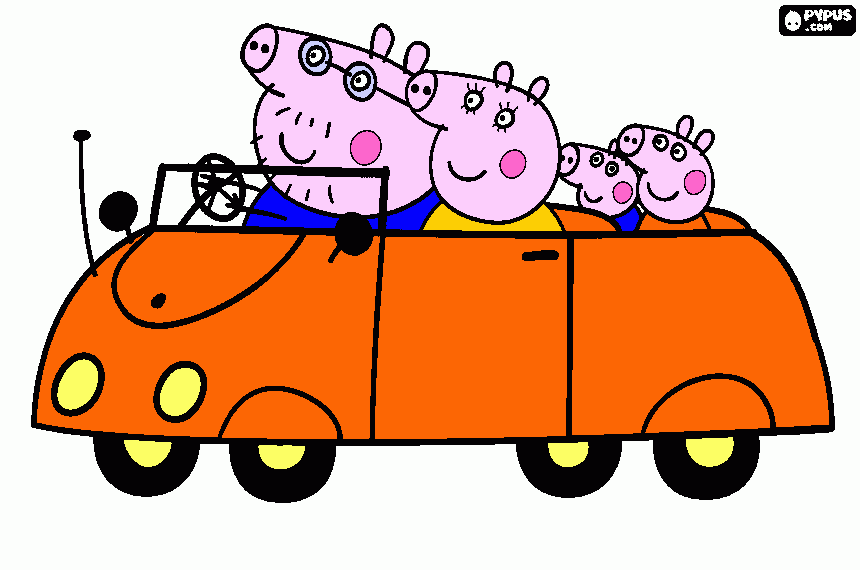 la familia pig montada en el carro para colorear