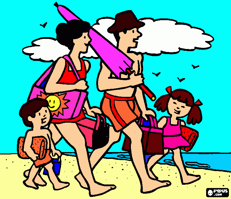 la familia unida va a la playa. para colorear