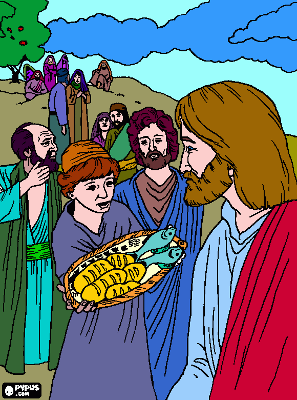 la multiplicacion de panes y pescados(jesus) para colorear