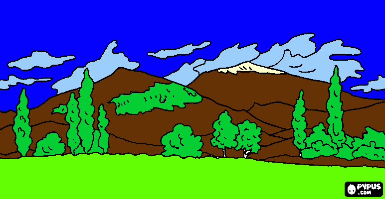 lindas montañas pasto y los arboles para colorear