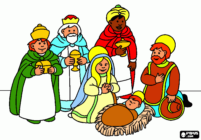 los tres reyes magos visitan a recien nacido jesus para colorear