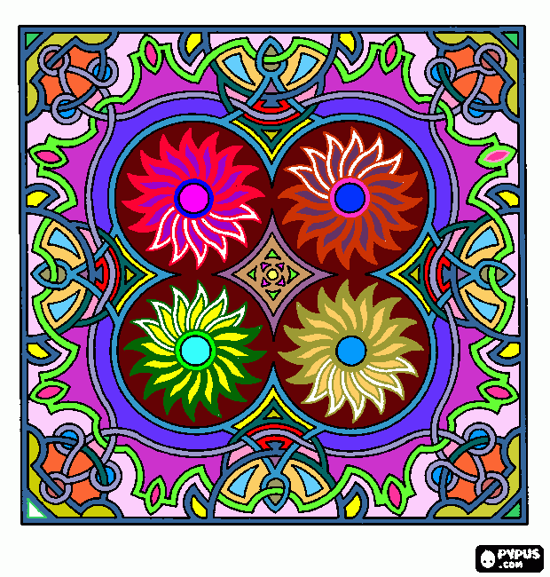 mandala con 4 flores para colorear